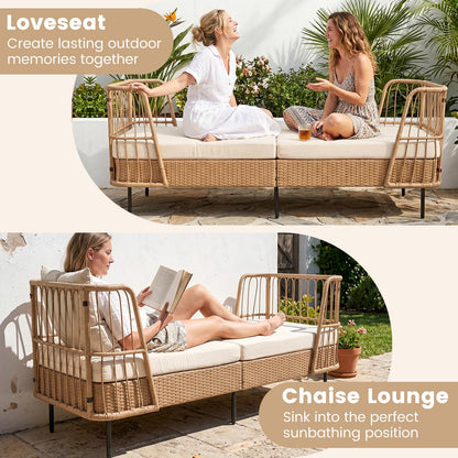 Garden Rattan Daybed, Patio Chaise Lounger Sun Bed with Cushions