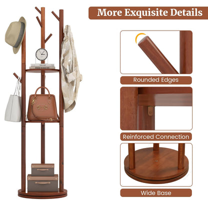 Freestanding Wooden Coat Rack Stand with 3 Display Storage Shelves and 9 Hooks