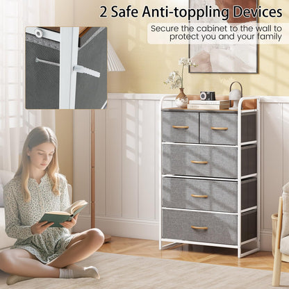 Vertical Dresser Storage Tower with Wooden Top and 5 Drawers
