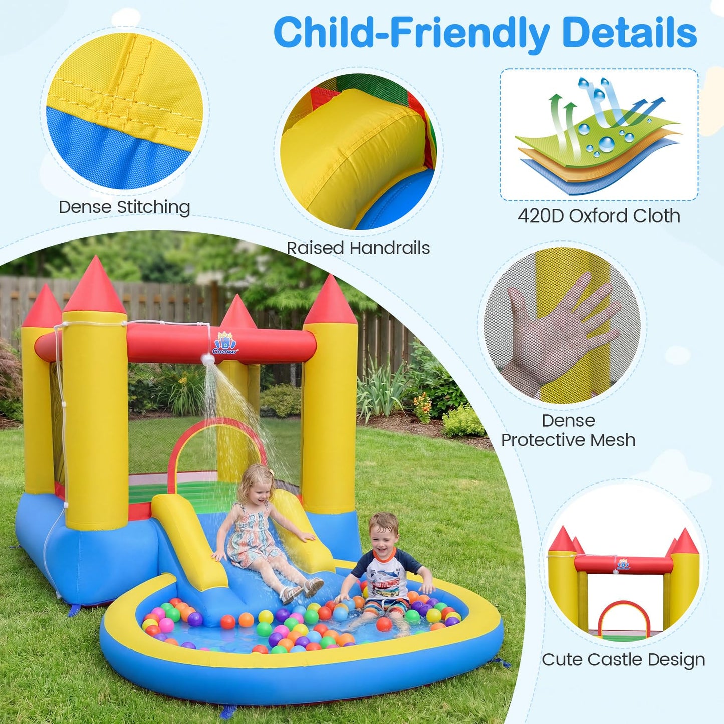 Inflatable Bounce House, Kids Water Park Wet Dry with Splash Pool, Water Slide