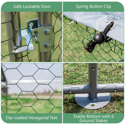 Galvanized Metal Walk-in Large Chicken Run Coop with Waterproof & Sun-protective Cover