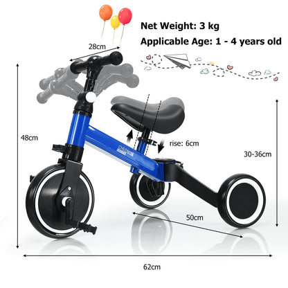 3 in 1 Kids Trike, Folding Baby Tricycle with Adjustable Handlebar and PU Seat