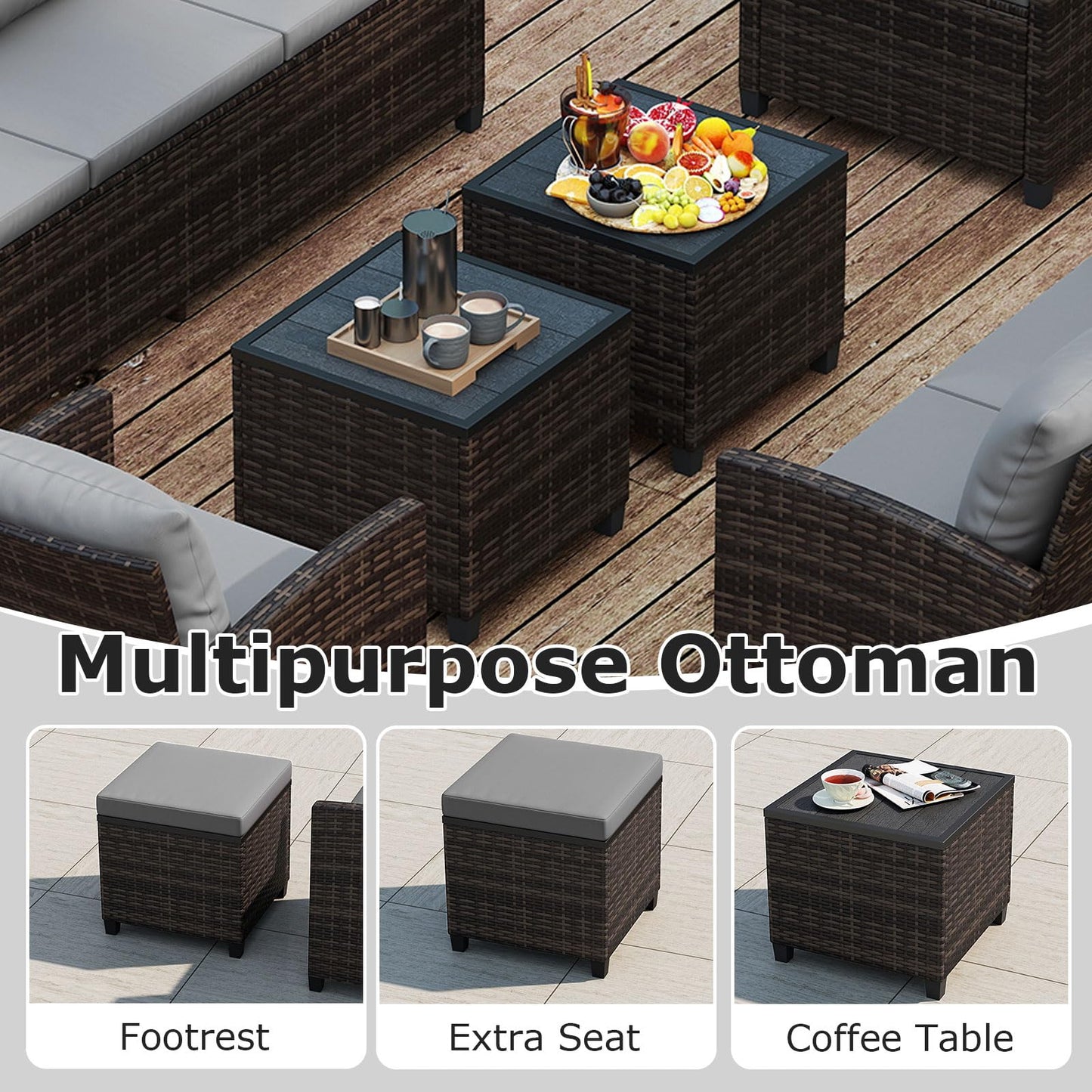 9 Seater Rattan Garden Furniture Set, Patio Conversation Set with 3-Seat Sofa, Loveseat, 2 Chairs, 2 Footstools & Cushions