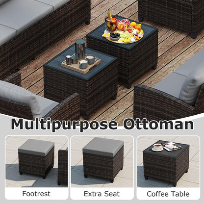 9 Seater Rattan Garden Furniture Set, Patio Conversation Set with 3-Seat Sofa, Loveseat, 2 Chairs, 2 Footstools & Cushions