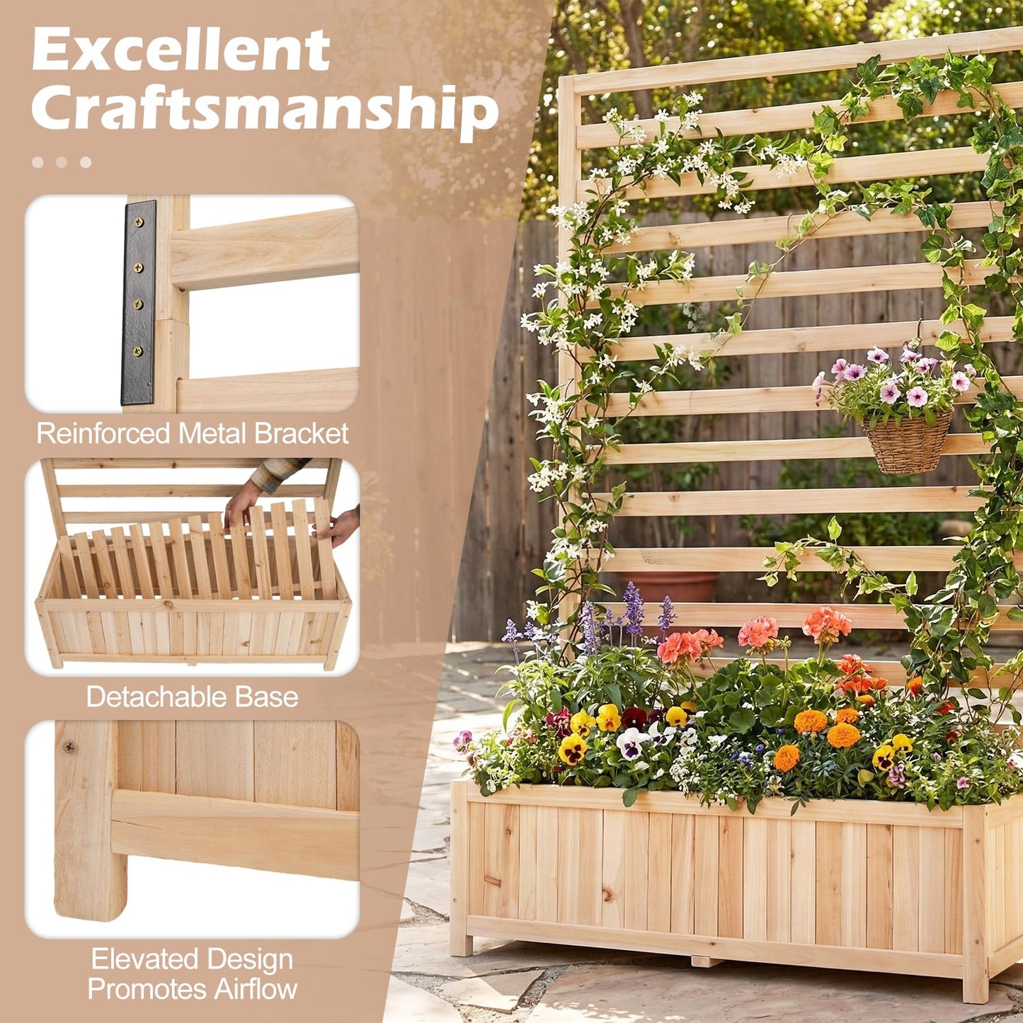 Wooden Planter with Trellis, Raised Garden Bed with Liner, Drainage Design