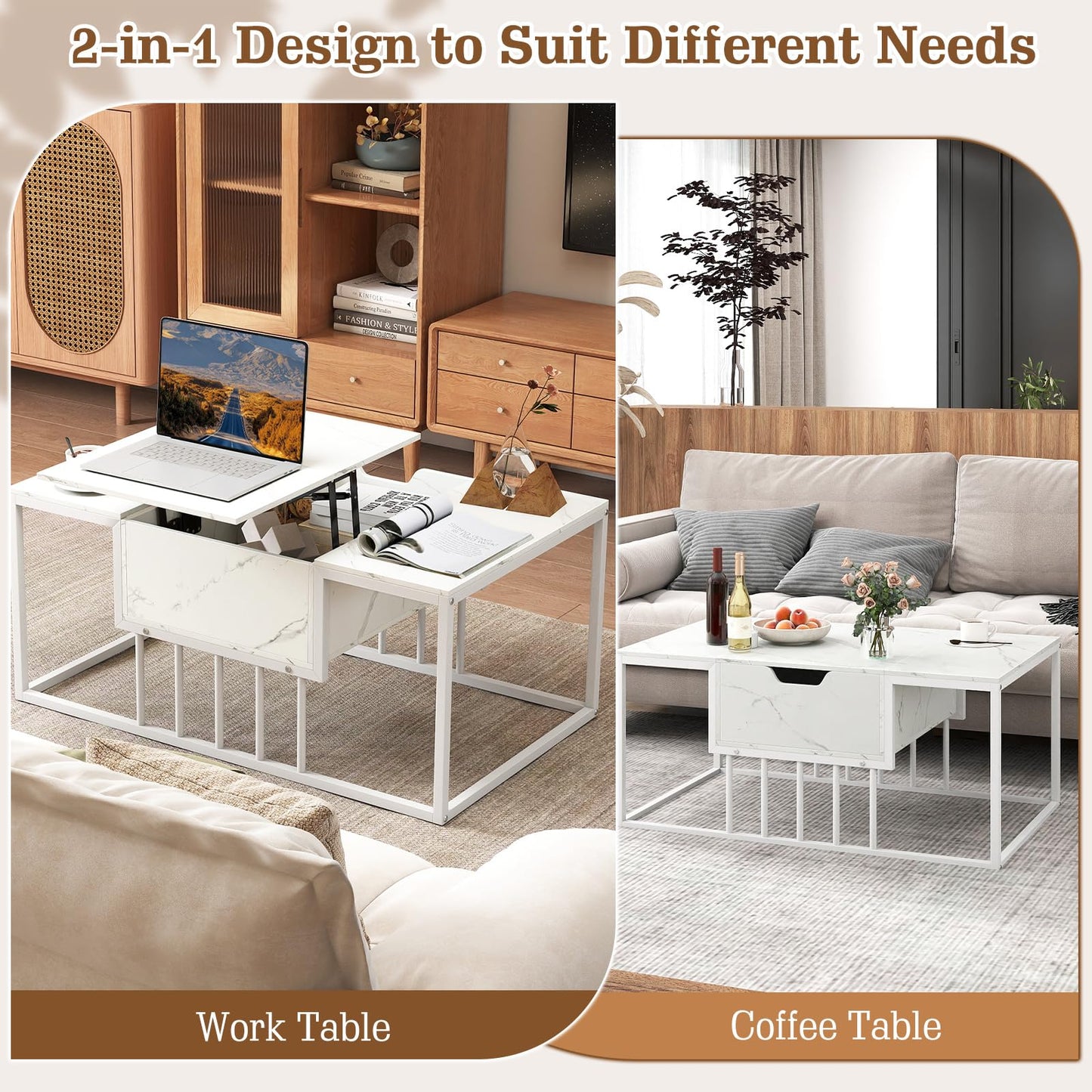 Lift Up Top Coffee Table, Marble Center Table with Hidden Storage