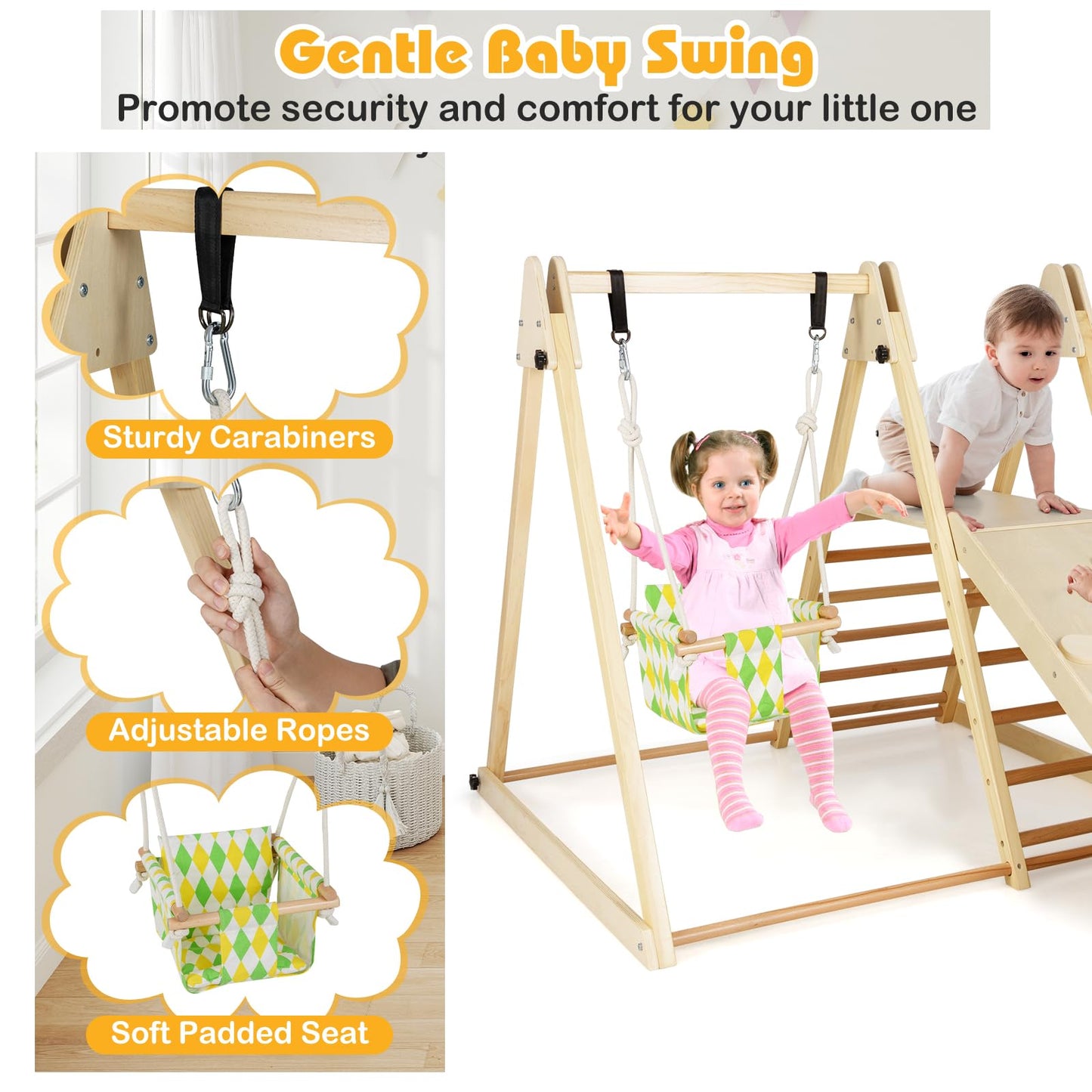 Kids Climbing Frame, Wooden Children Climber Playset with Swing, Ladder