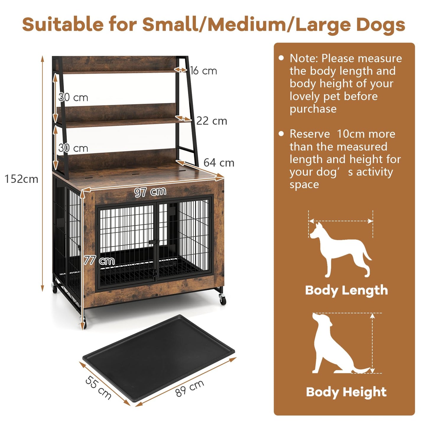 Wooden Dog Cage on Wheels with Storage Shelves