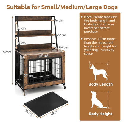 Wooden Dog Cage on Wheels with Storage Shelves