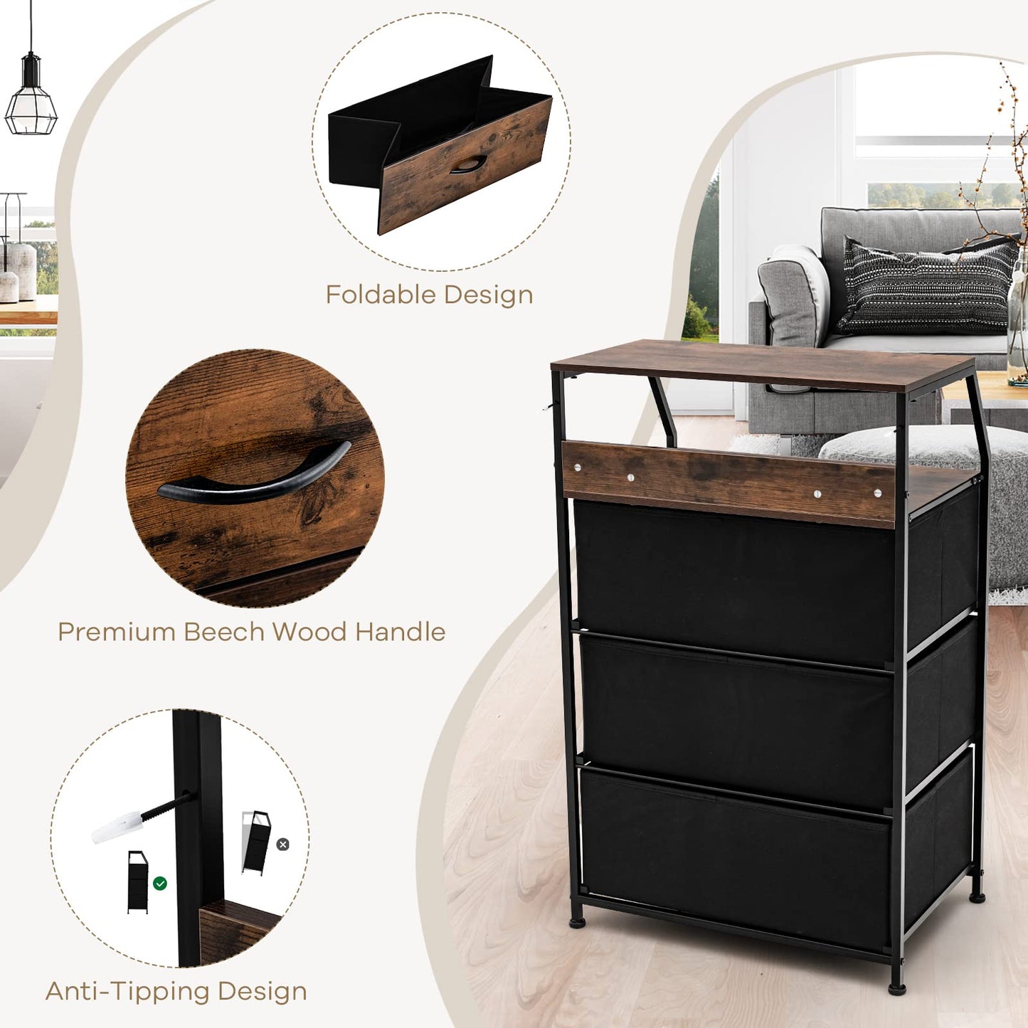 3-Drawer Dresser with Wooden Top and Front for Bedroom Living Room