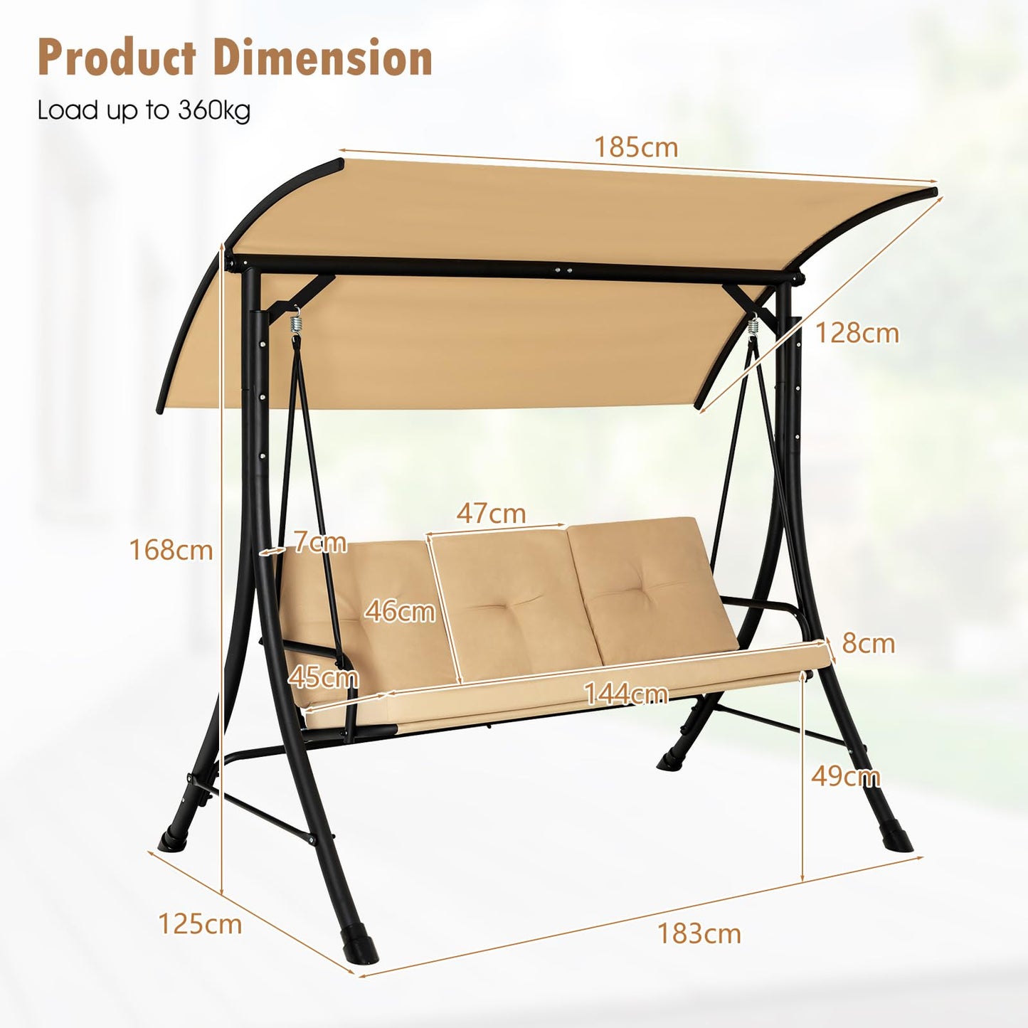 3 Seater Garden Hammock Bench Chair with Adjustable Canopy and Soft Cushions