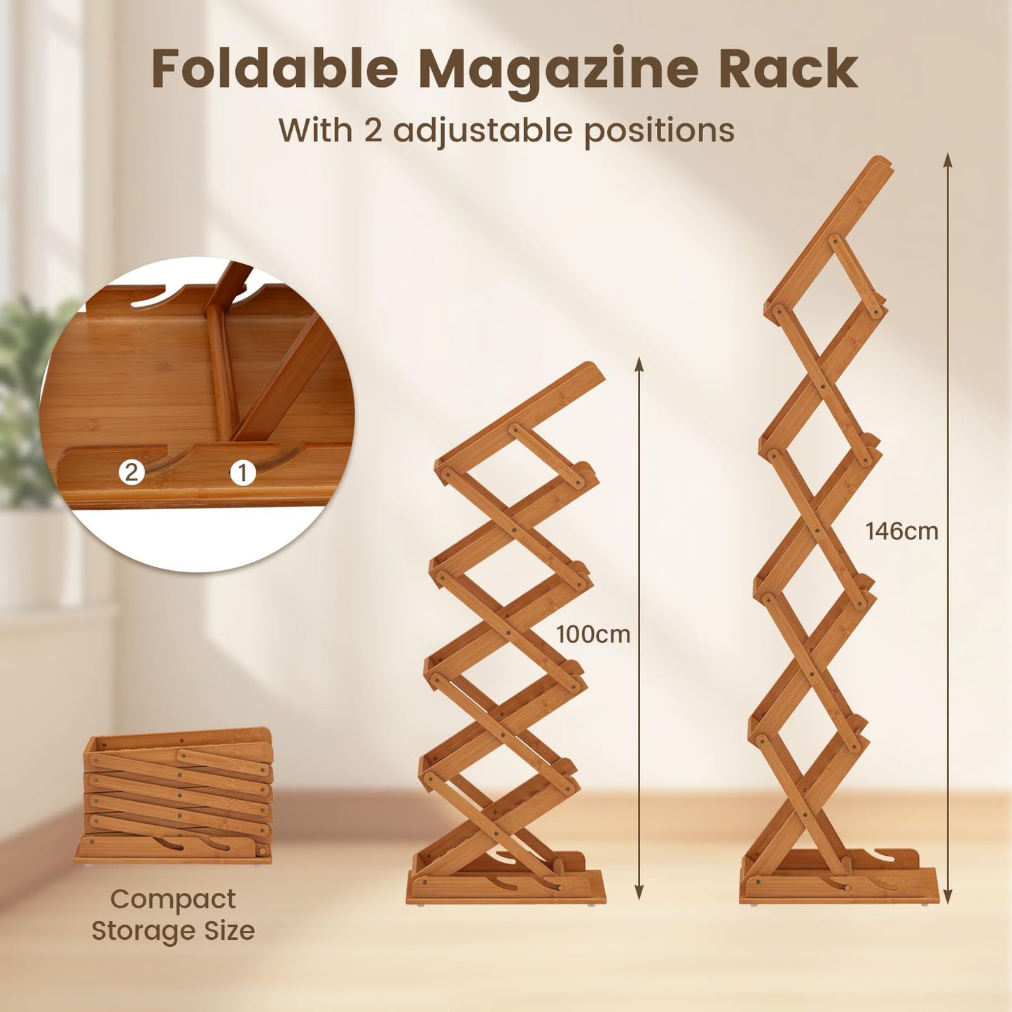 5 Tier Foldable Bamboo Magazine Rack with 2 Adjustable Positions