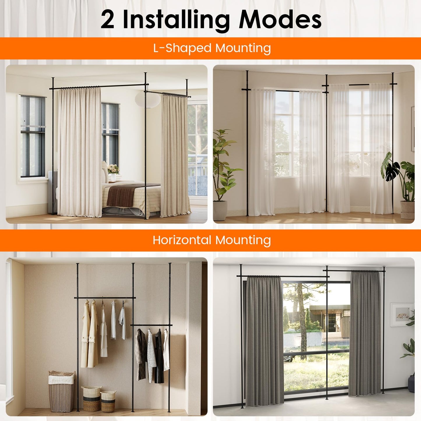Room Divider Curtain Rod, No Drilling Adjustable Tension Rods Stand for Room Separation