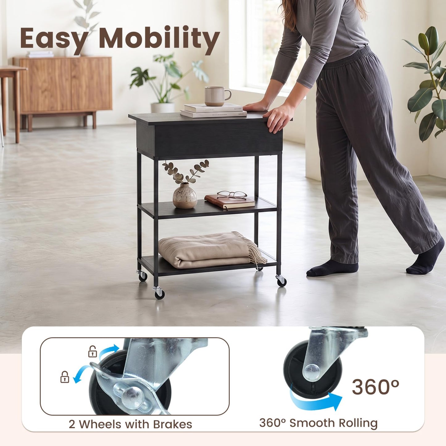 Rolling Lift Top End Table with Charging Station & Hidden Compartment for Living Room