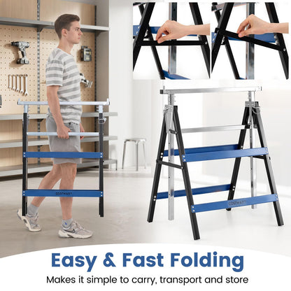 Set of 2 Adjustable Builders Trestle with Top Limit Clip (Blue) | 200kg Capacity Telescopic Saw Horse