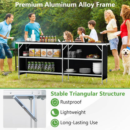 206cm Aluminum Portable Picnic Table with 2-Tier Open Shelves