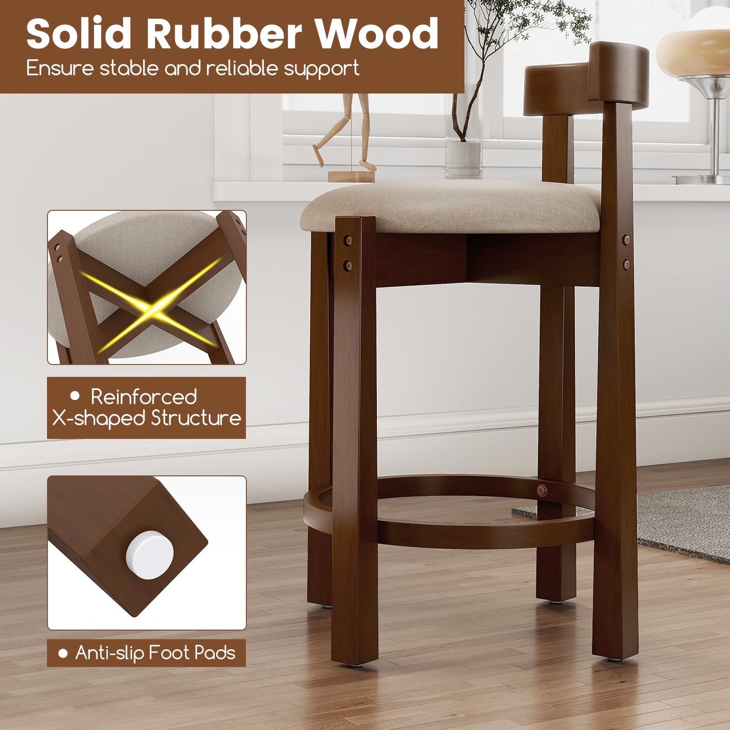 62cm Counter Height Bar Stools Set of 2 with Backrests and Footrests