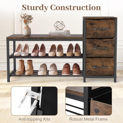 Industrial Shoe Bench with 3 Removable Drawers and Anti-Toppling Kits for Entryway