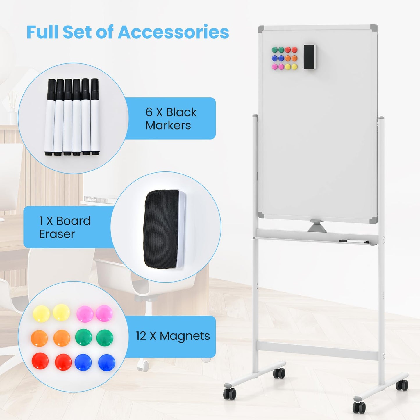 Double Sided Magnetic Whiteboard, Height Adjustable Mobile Dry Erase Board with Black Markers (90 x 60cm)