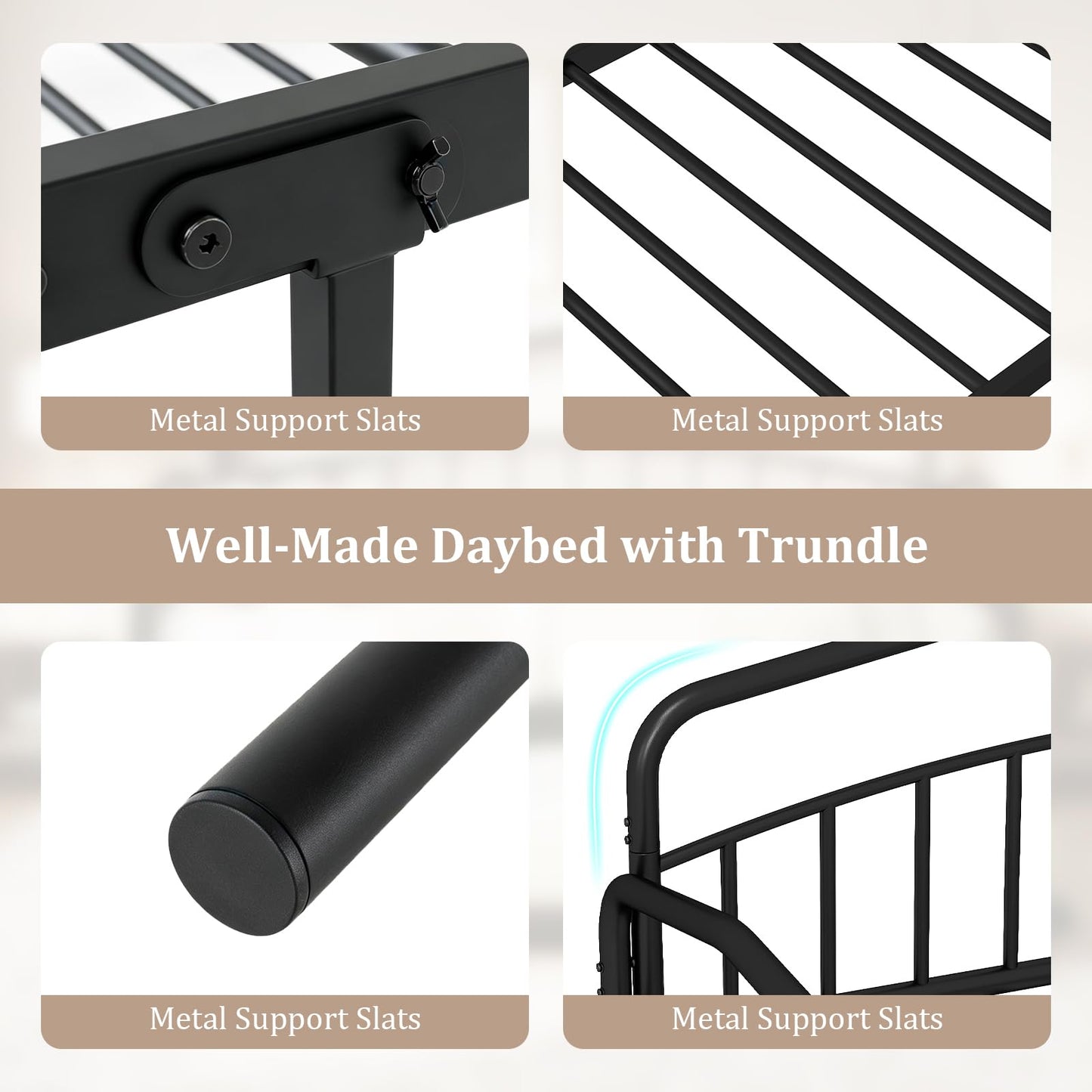 Metal Day Bed with Trundle, Single Bed Frame with Headboard