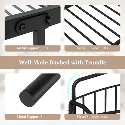 Metal Day Bed with Trundle, Single Bed Frame with Headboard
