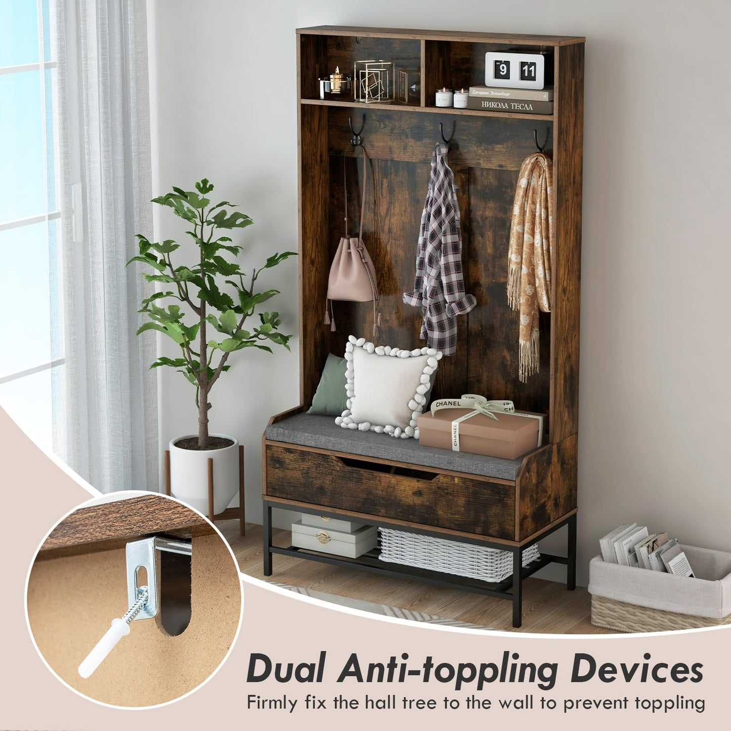 4-in-1 Coat Rack with Seat Cushion and Open Compartments