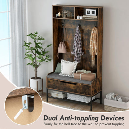 4-in-1 Coat Rack with Seat Cushion and Open Compartments