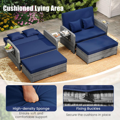 Garden Rattan Daybed, 4-Level Adjustable Patio Wicker Loveseat Sofa Bed Sun Lounger