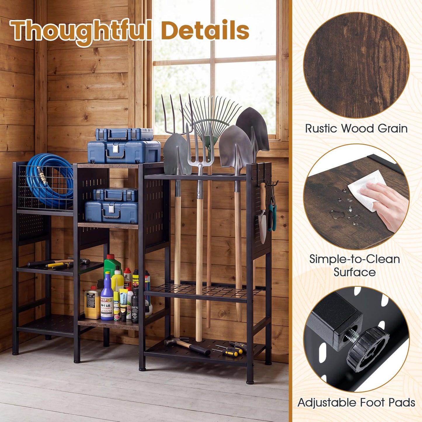 Garden Tool Storage Rack, 3 Tier Metal Yard Tool Organizer with Wooden Shelves