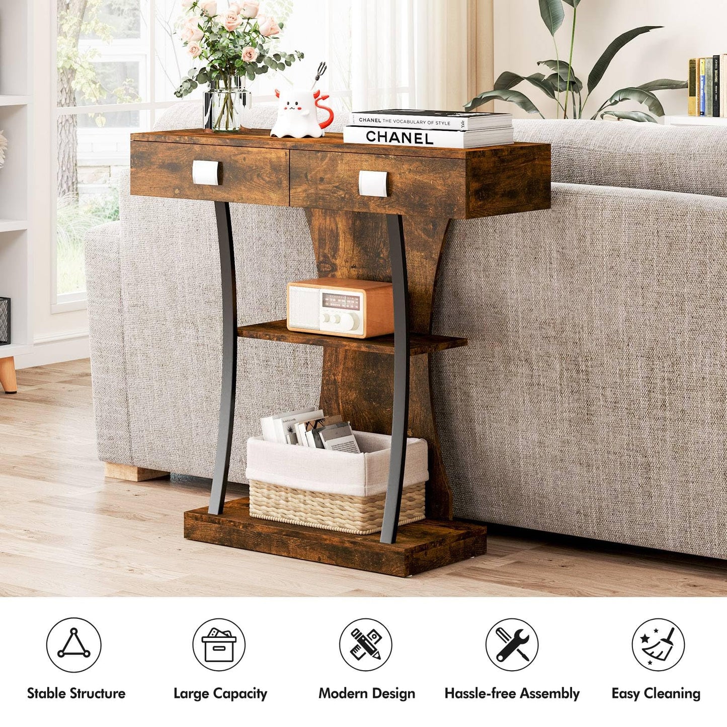 T-Shaped Foyer Console Table for Small Space with Dual Drawers