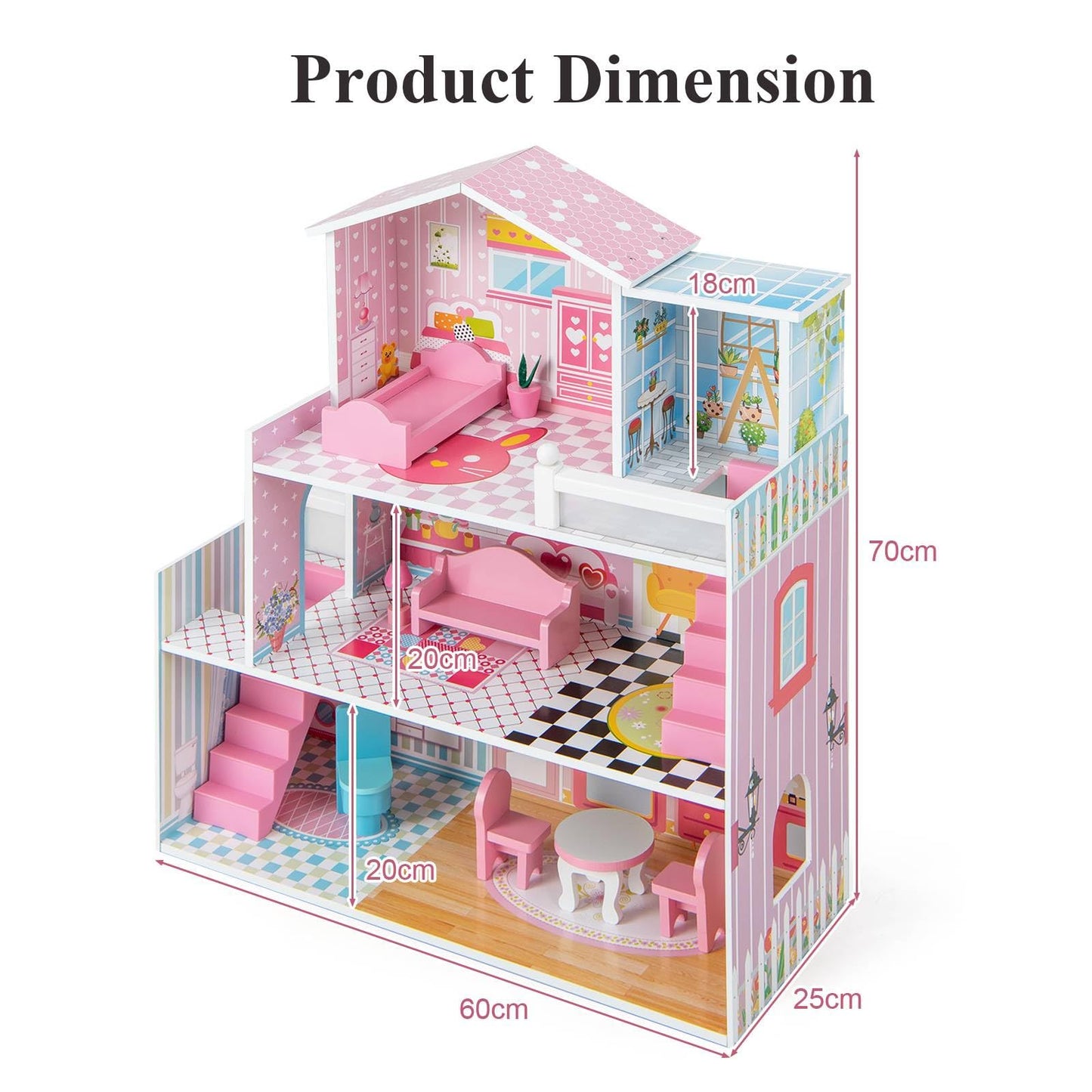 Kids Wooden Dollhouse DIY Pretend for Toddlers 3-7 Years Old