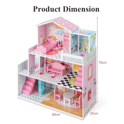 Kids Wooden Dollhouse DIY Pretend for Toddlers 3-7 Years Old