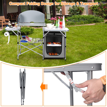 Outdoor Camping Table with Storage and Windscreen for BBQ
