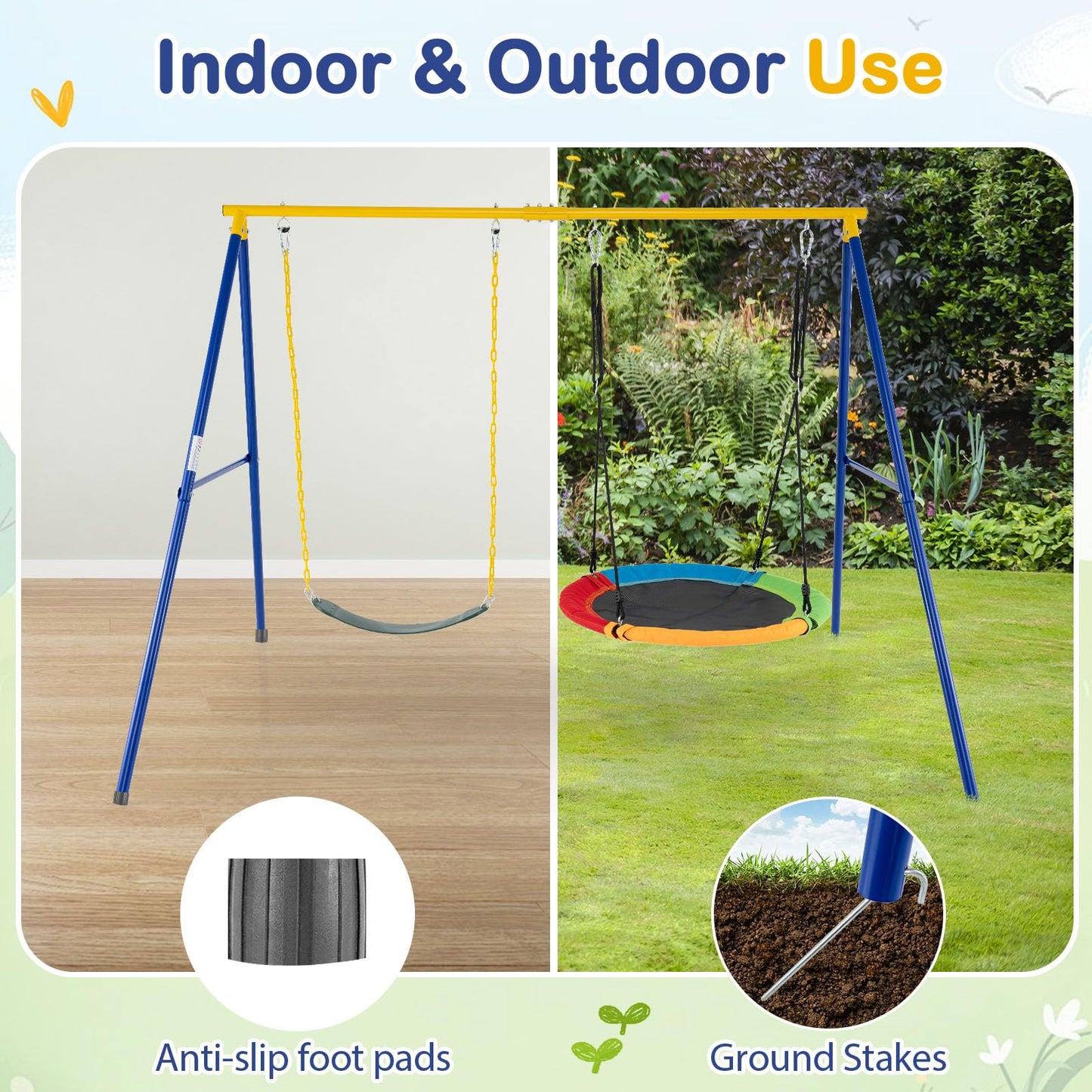 A-Frame Metal Swings Stand with Belt Swing and Nest Swing