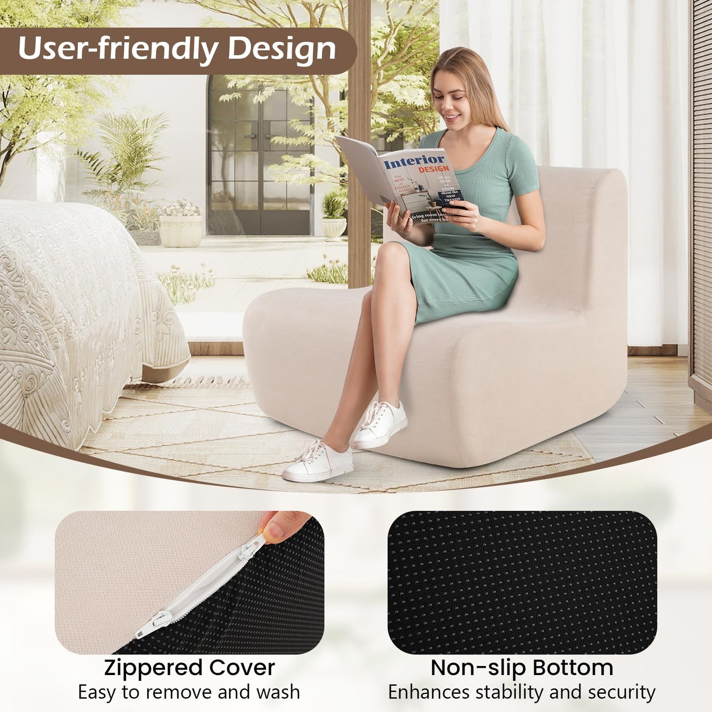 Lazy Floor Sofa Chair with Soft Velvet and Ergonomic Support