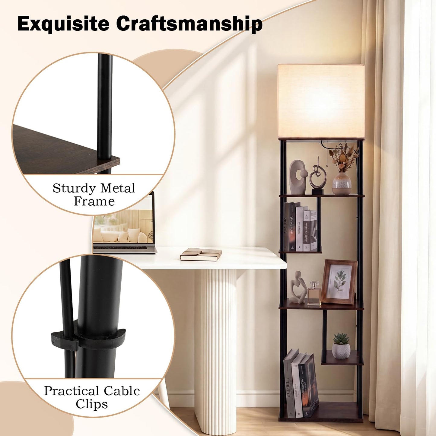 Floor Lamp with Shelves, 5-Tier Tall Standing Lamp with Linen Fabric Shade