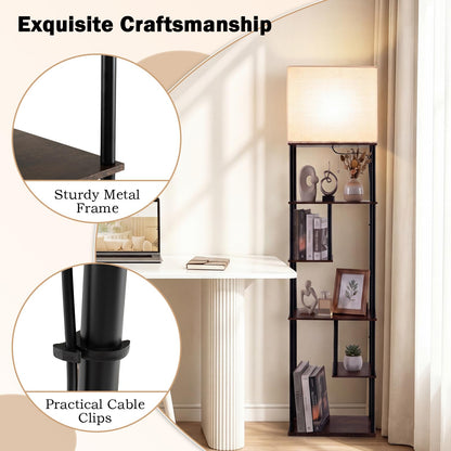 Floor Lamp with Shelves, 5-Tier Tall Standing Lamp with Linen Fabric Shade