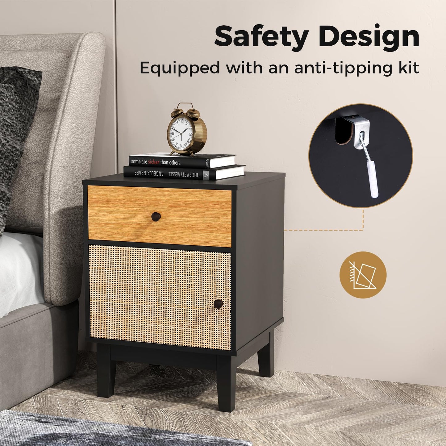 Modern Rattan Nightstand with Storage Drawer and Cabinet