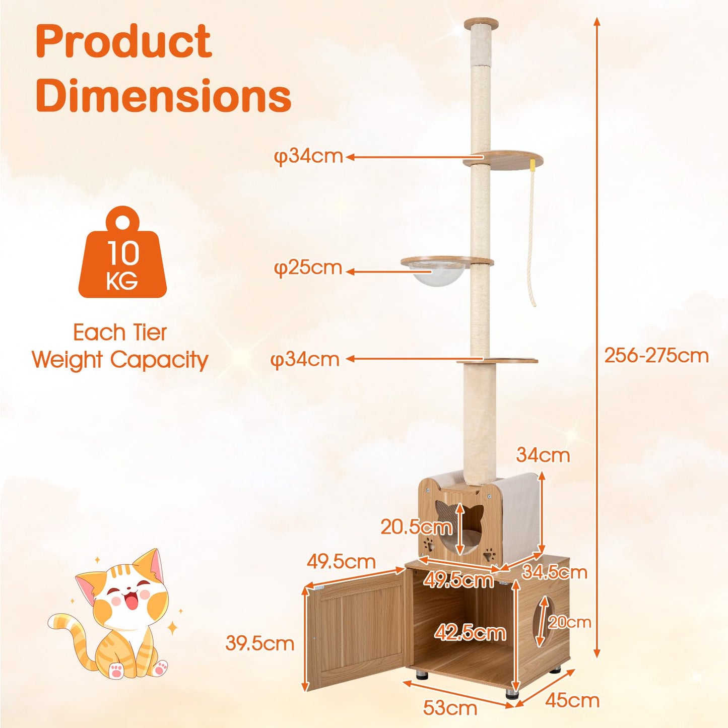 256-275 cm Adjustable Floor to Ceiling Cat Tree