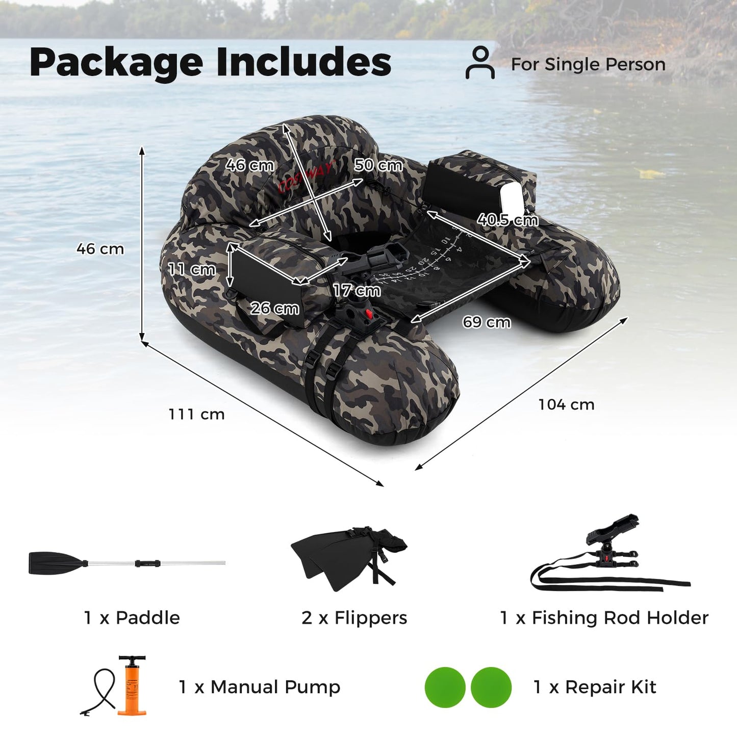 Fishing Boat with Pump, Adjustable Straps, Paddle, Pockets, Fish Ruler, Rod Holder
