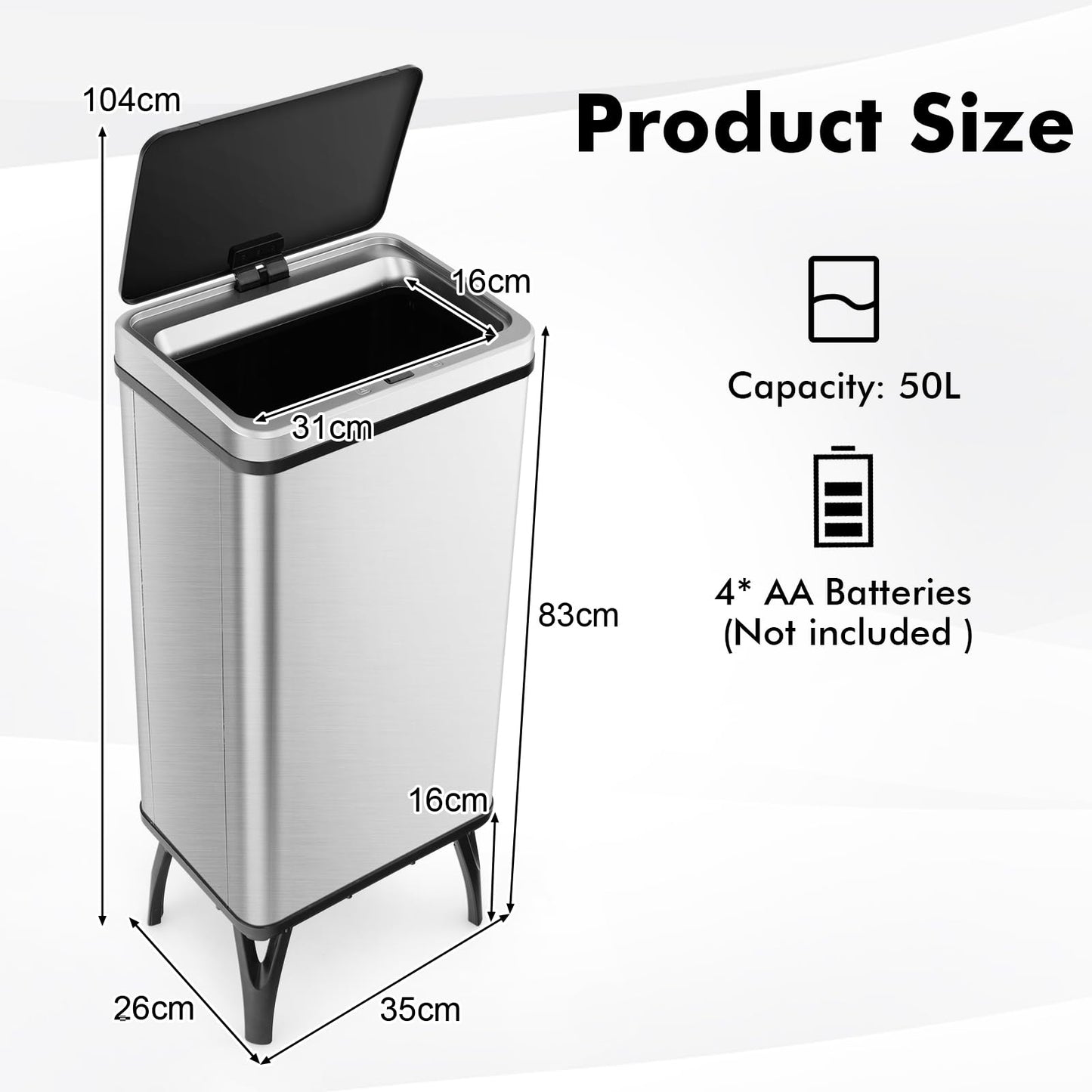50L Stainless Steel Trash Can Automatic Motion Sensor Garbage Bin