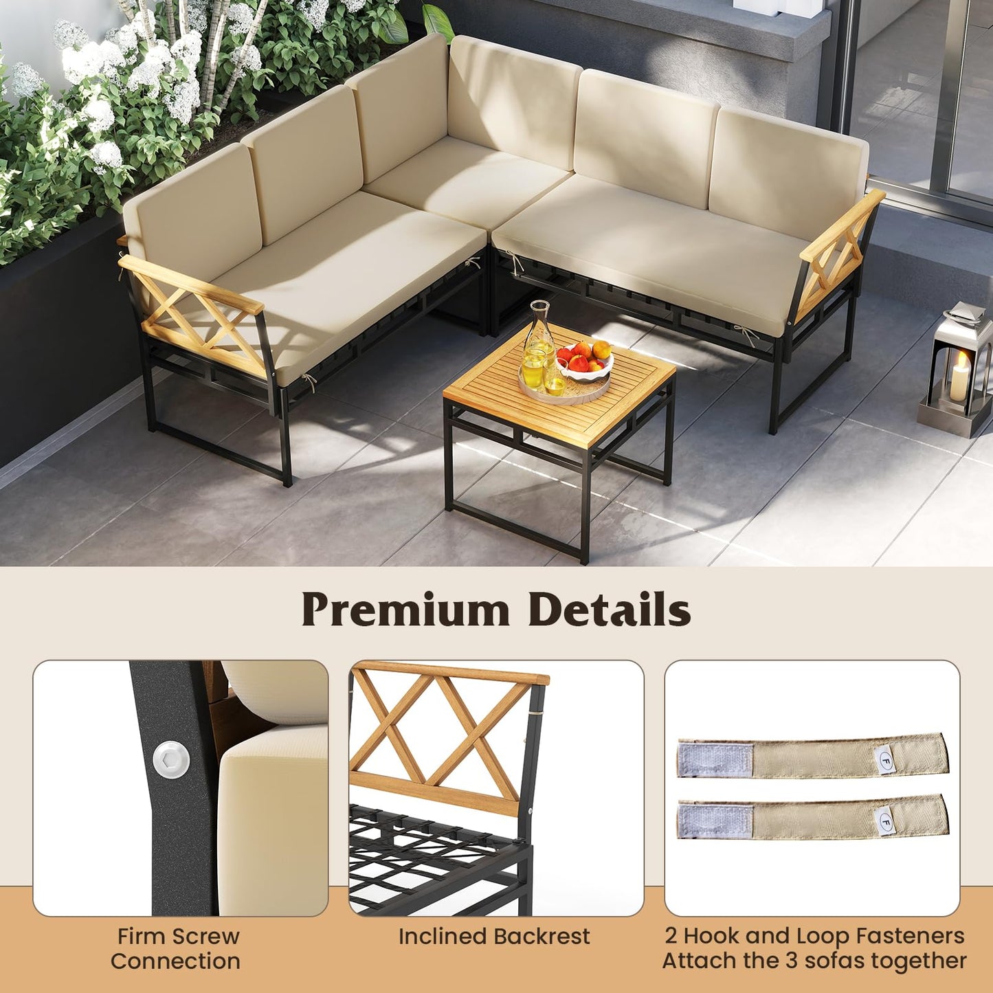 4 Piece Patio L-Shaped Sofa Set Acacia Wood Metal Sectional Sofa Set