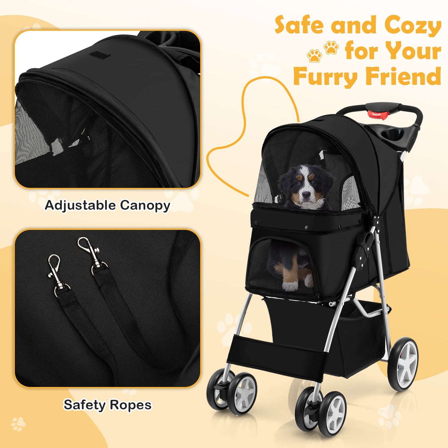 4-Wheel Folding Pet Stroller with Storage Basket and Adjustable Canopy