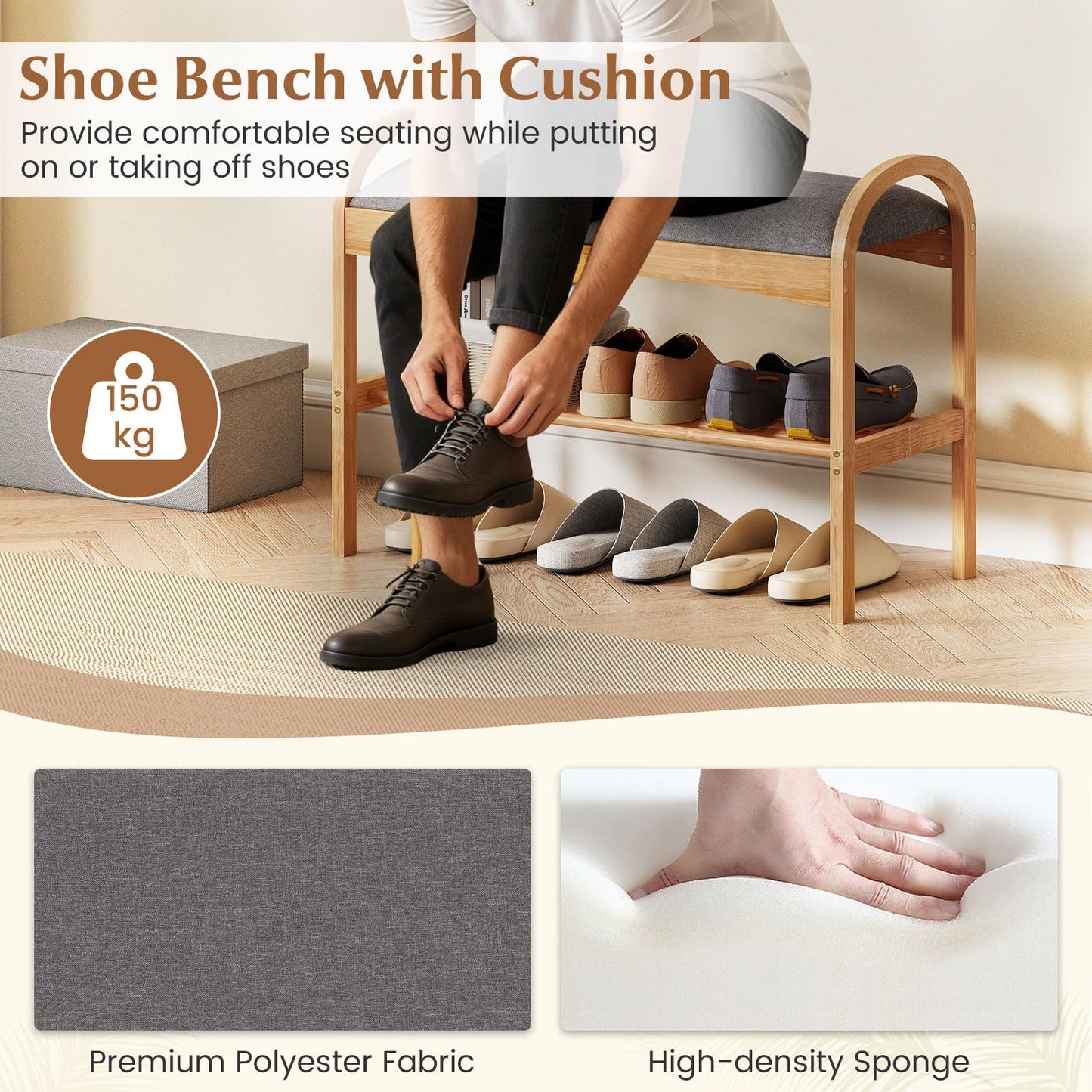 Bamboo Shoe Bench, 2-Tier Shoe Rack Organiser with Padded Seat Cushion and Shelf