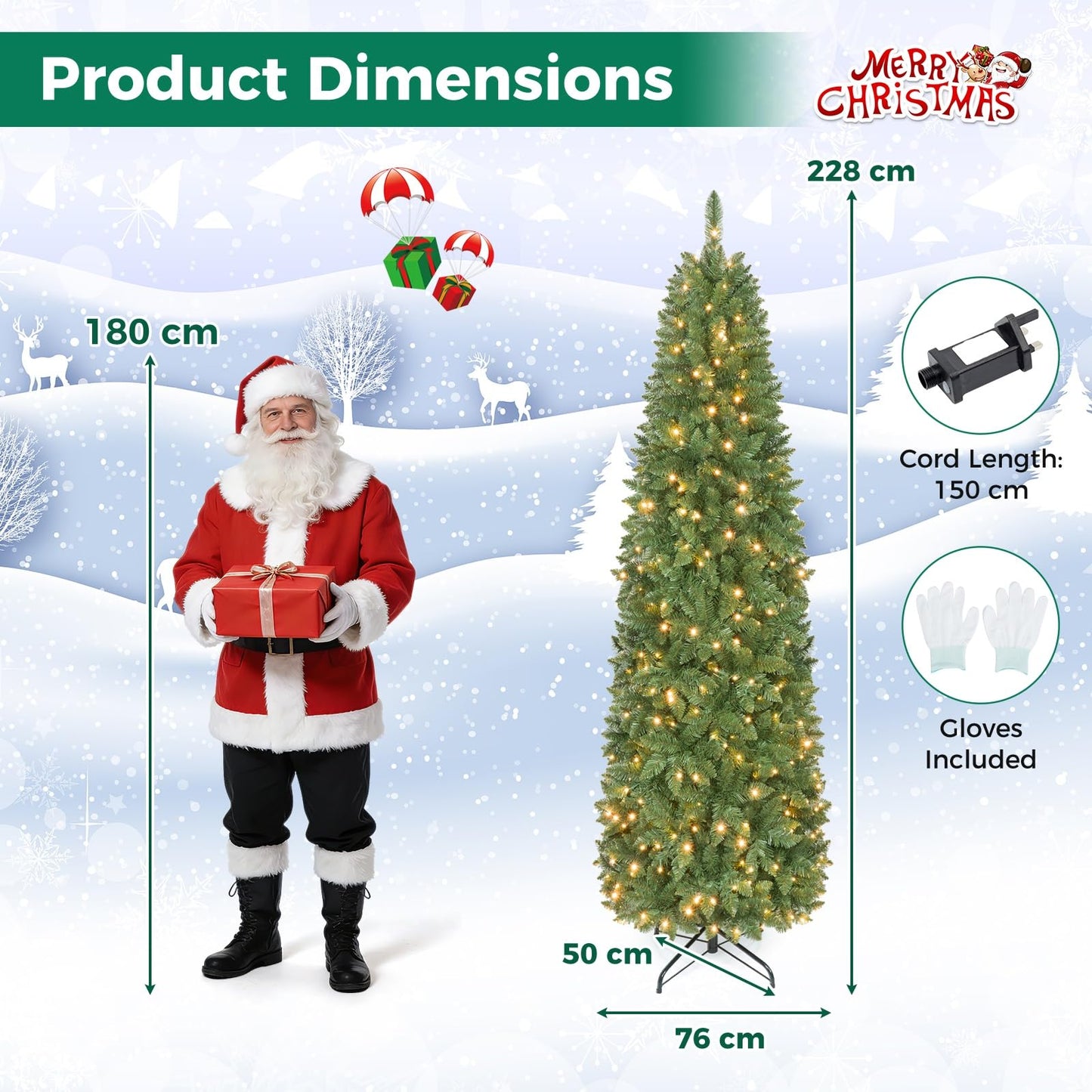 Hinged Pencil Xmas Tree with LED Lights, Foldable Metal Stand