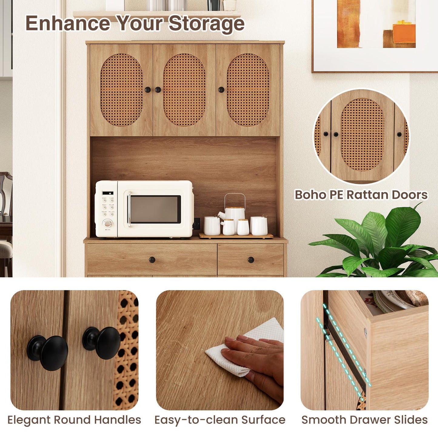 Kitchen Storage Cabinet with Charging Station and 6 Rattan Doors