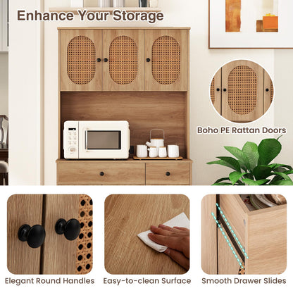 Kitchen Storage Cabinet with Charging Station and 6 Rattan Doors