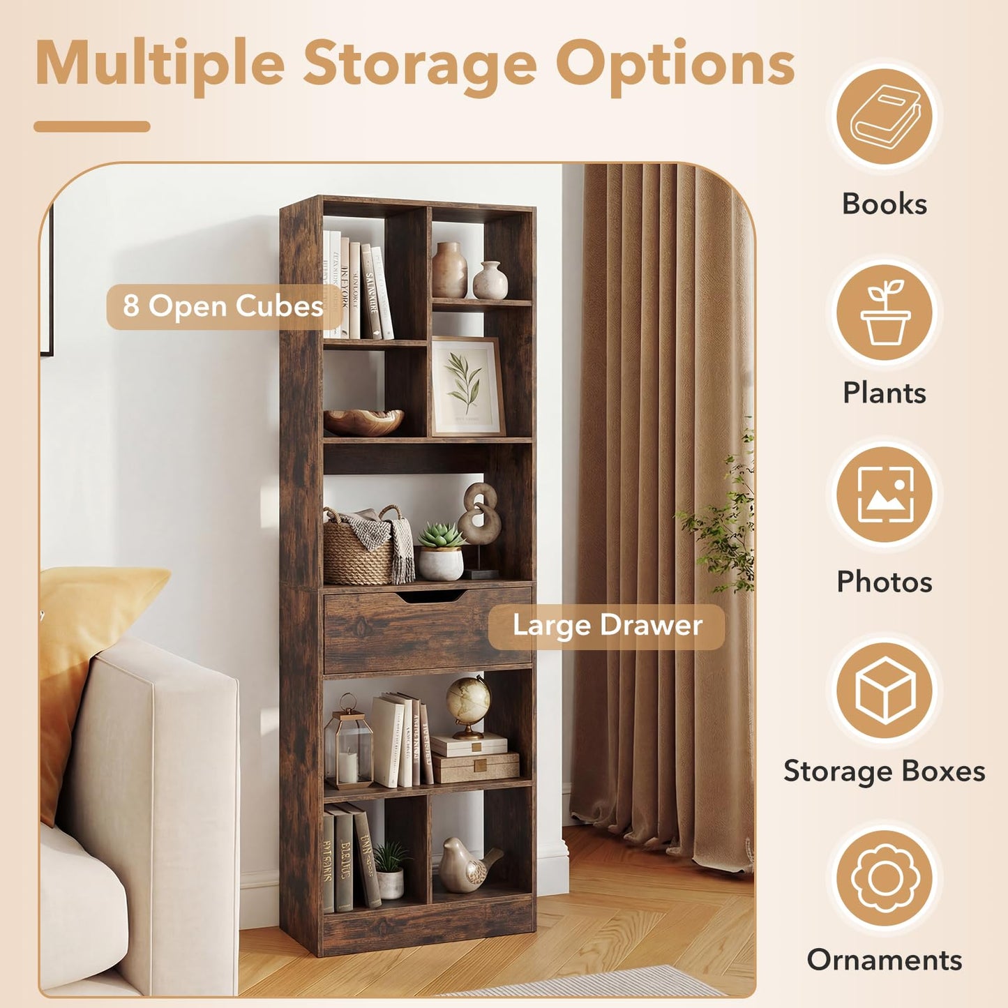 Bookcase with Drawer, Tall Freestanding Bookshelf