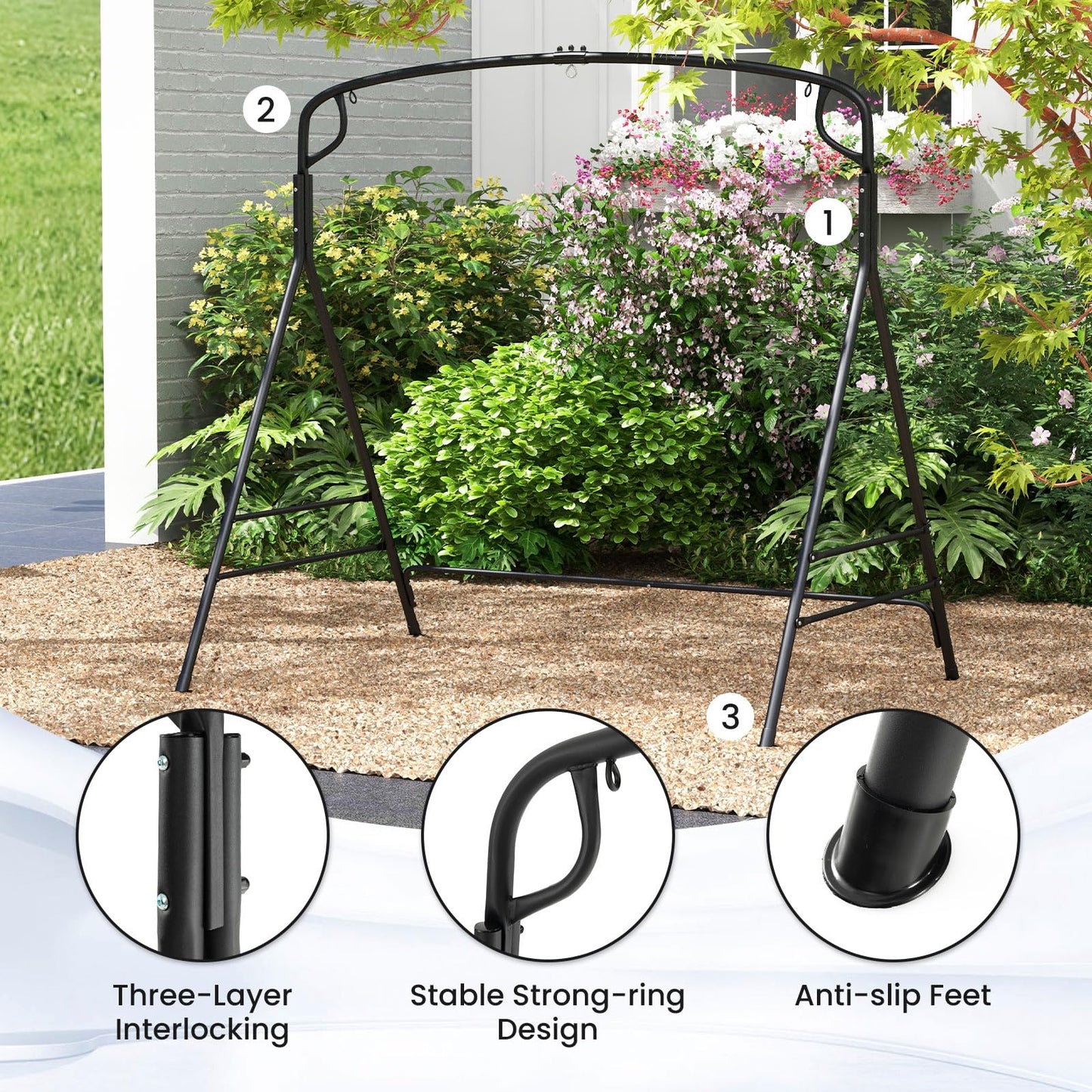 Outdoor Metal Swing Frame Sturdy A-Shaped Porch Swing Stand with Extra Side Bars