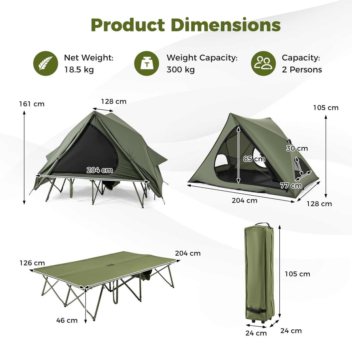 2-Person Foldable Off-Ground Camping Cot Tent with Wheeled Bag